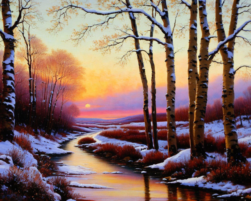 Snow-covered Riverbank at Sunset with Birch Trees