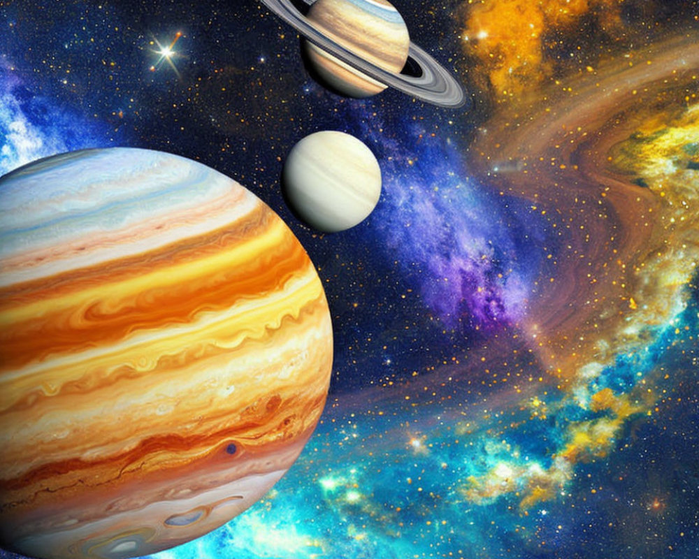 Colorful space scene with Jupiter, Saturn's rings, and nebula background.