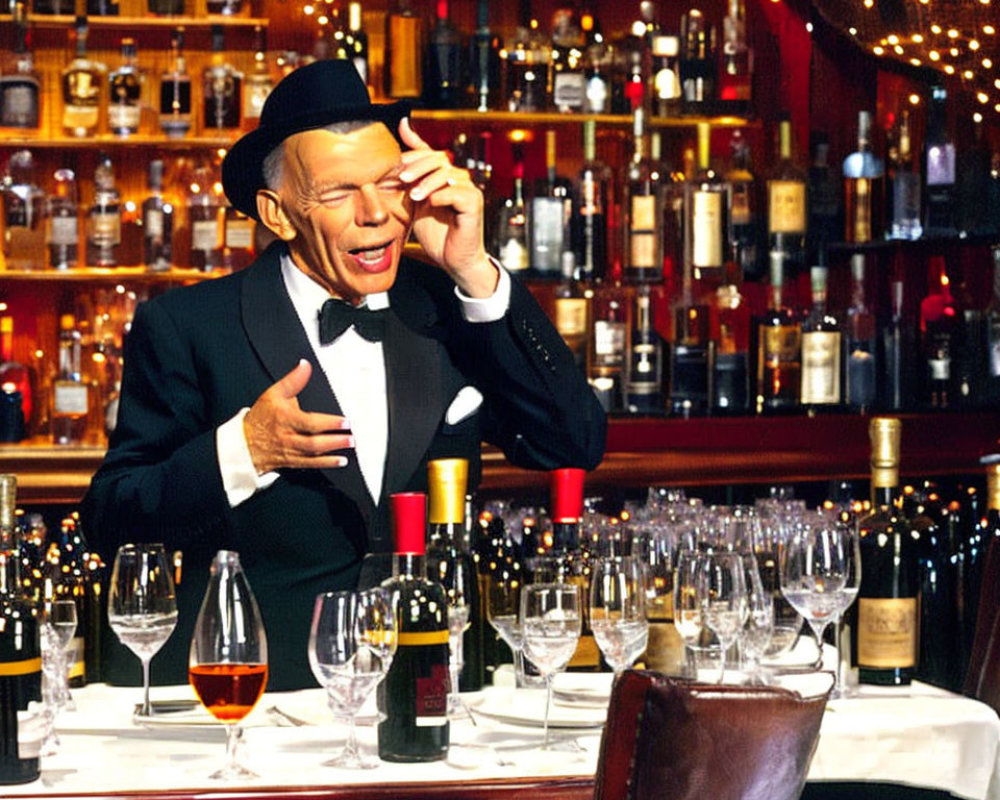 Elegantly dressed person laughing in luxurious bar setting with wine glasses and bottles