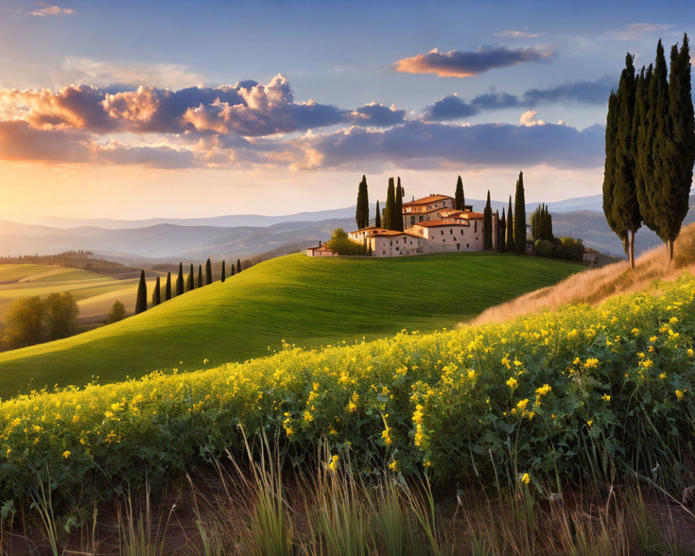 Tuscan sunset landscape with traditional villa, cypress trees, and yellow flowers