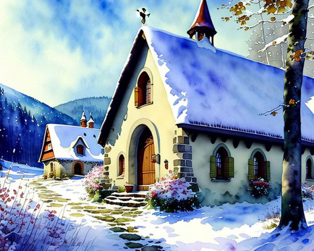 Snow-covered church and frosty trees in serene winter landscape