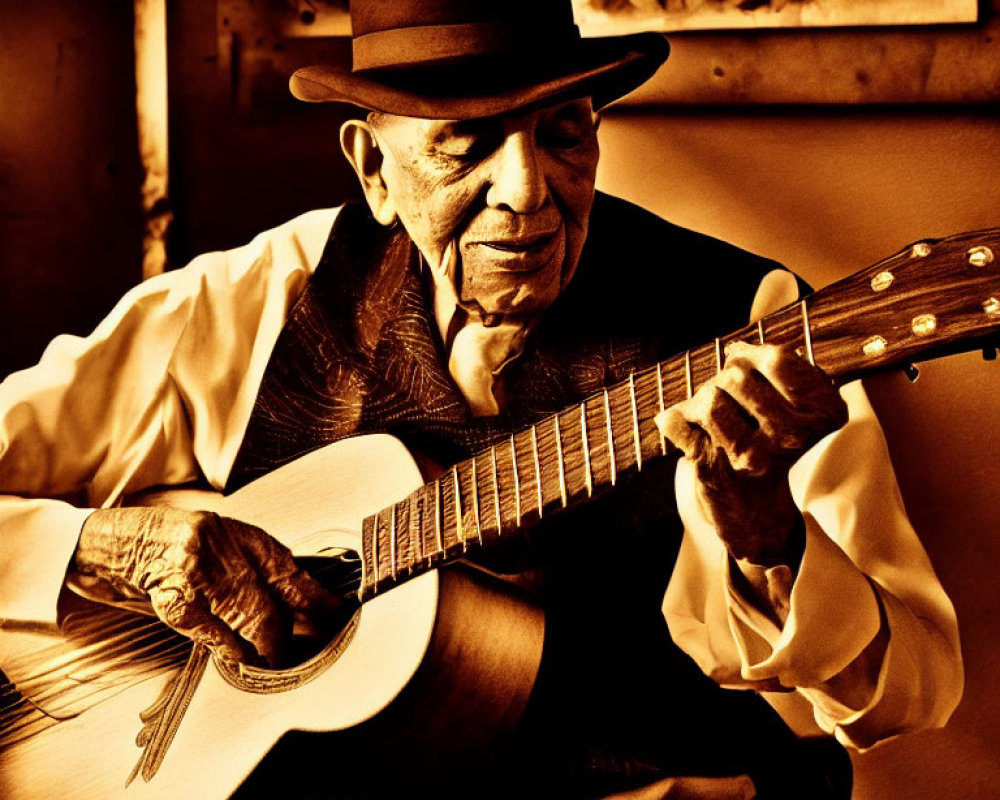 Elderly man playing acoustic guitar in warm-toned photograph