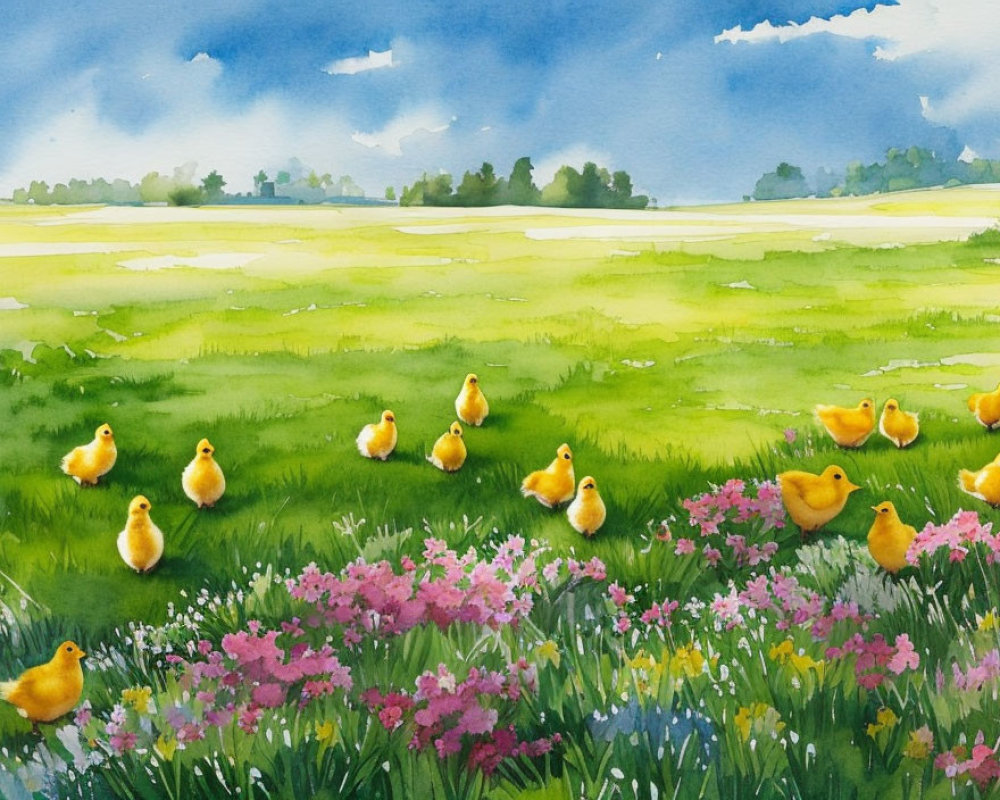 Vibrant watercolor painting of green field with ducklings and flowers