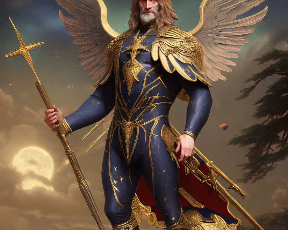 Golden-armored angel with spear and sword in celestial setting