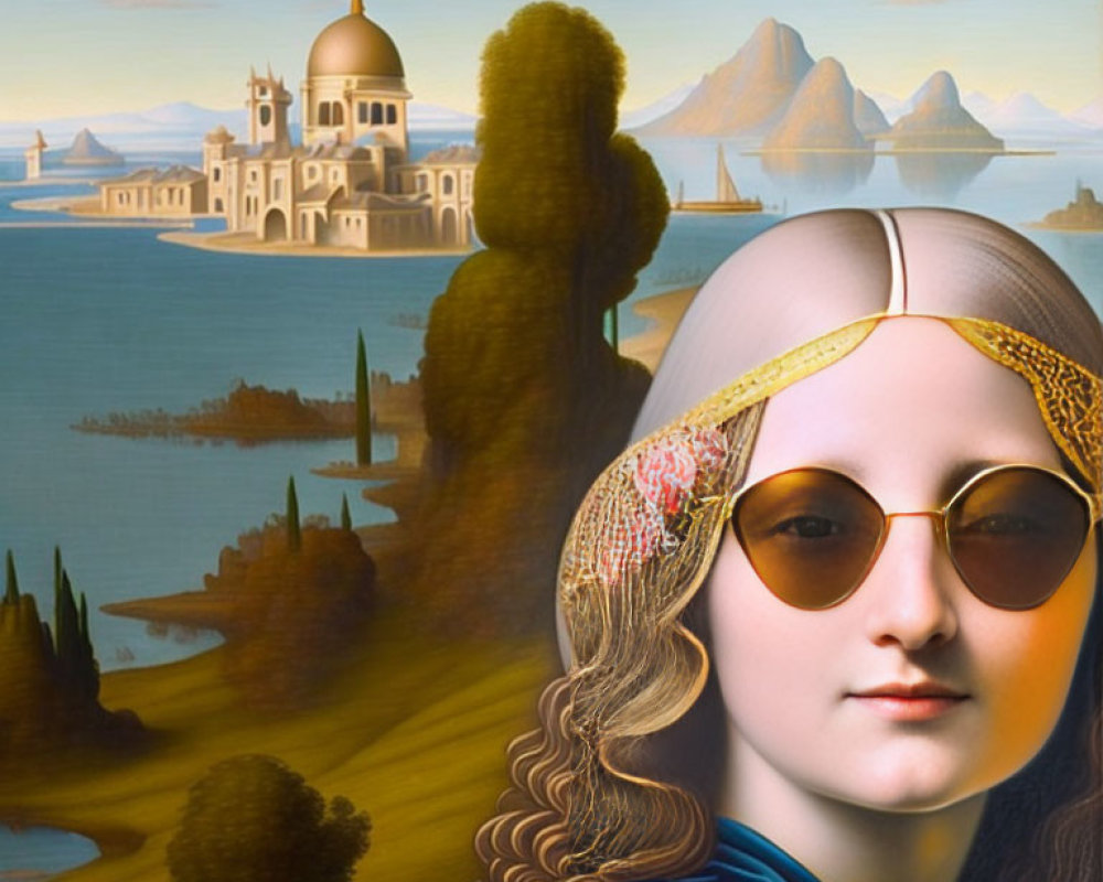 Surreal portrait blending Mona Lisa with modern sunglasses in idyllic landscape