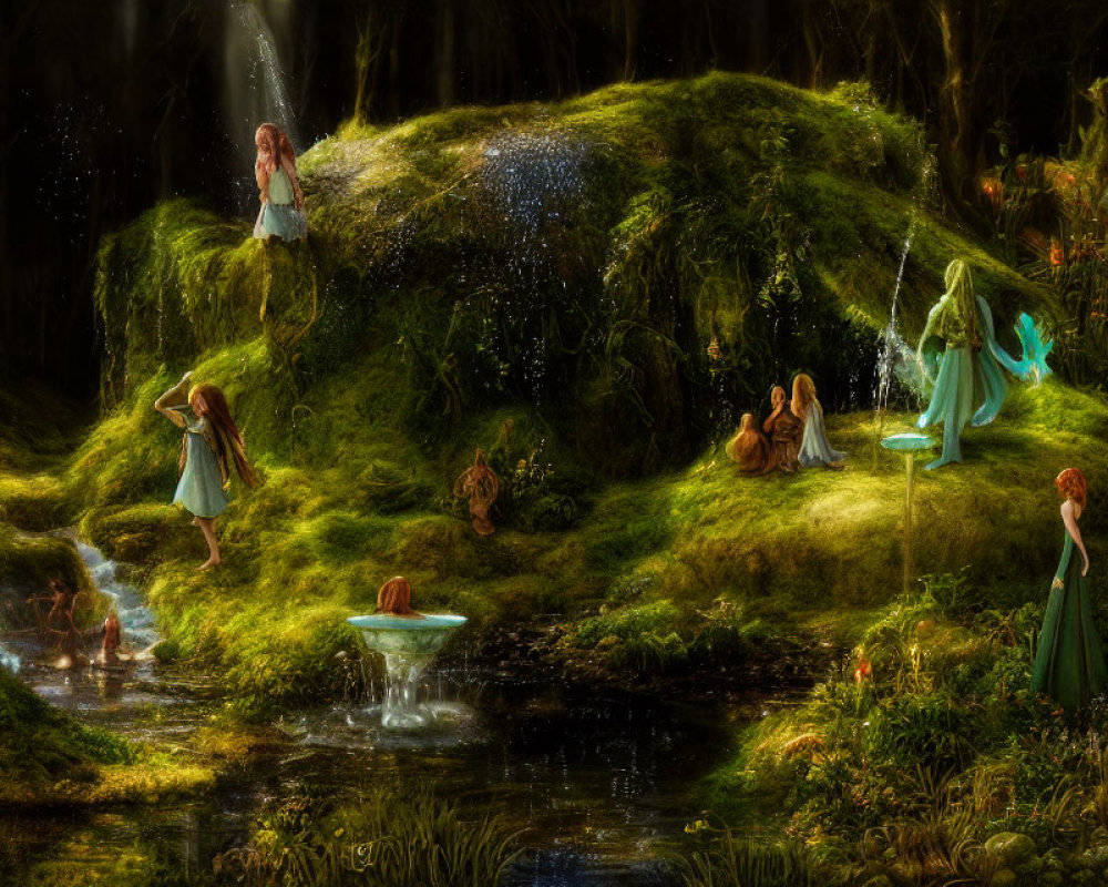 Ethereal forest scene with luminous creatures and serene waterfall