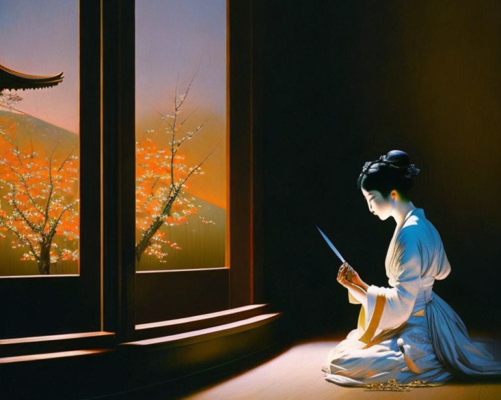 Japanese woman in traditional dress admires blade by open window