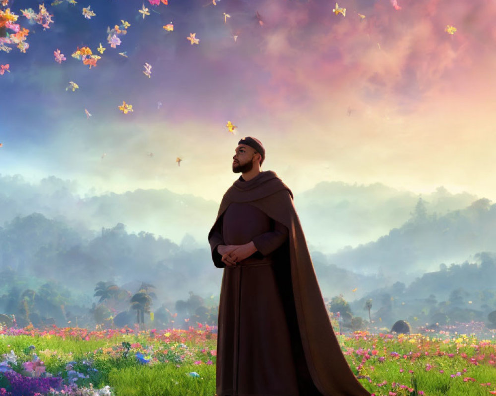 Robed Figure in Vibrant Meadow with Butterflies at Sunrise or Sunset