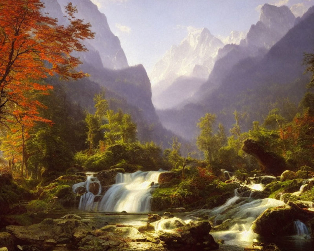Tranquil autumn landscape with waterfall, rocks, trees, and misty mountains