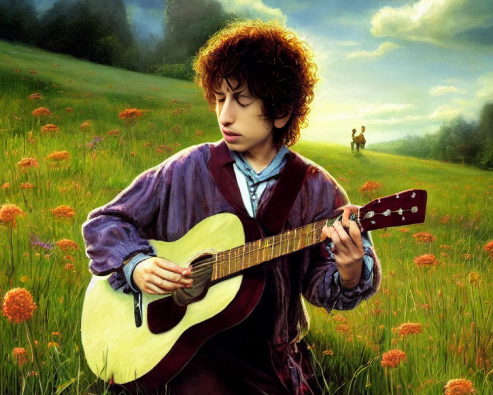 Hobbits playing guitar in vibrant meadow under dramatic sky