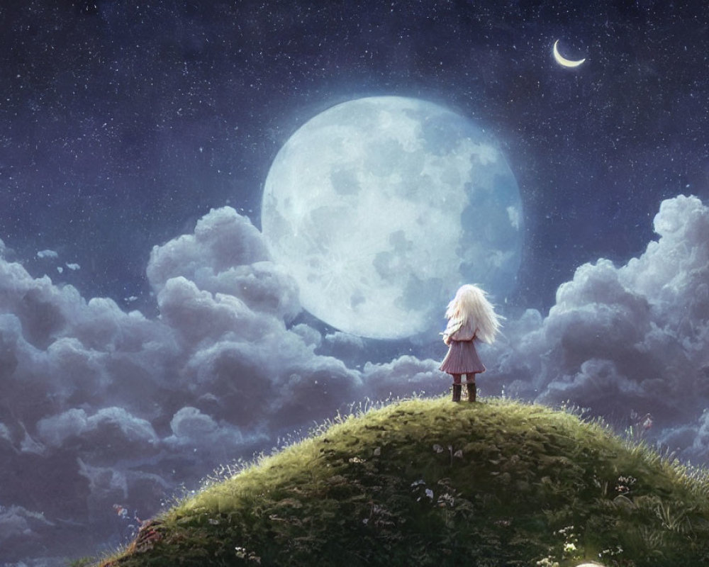 Young girl admires full moon on grassy hill under starry sky