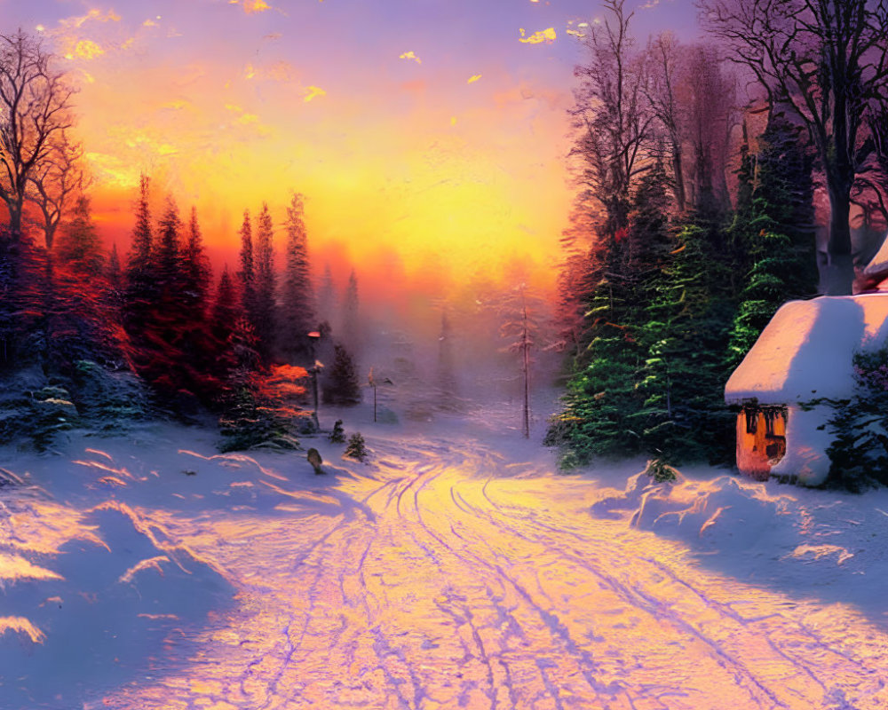 Snowy Sunset Scene: Cottage, Trees, Vibrant Sky
