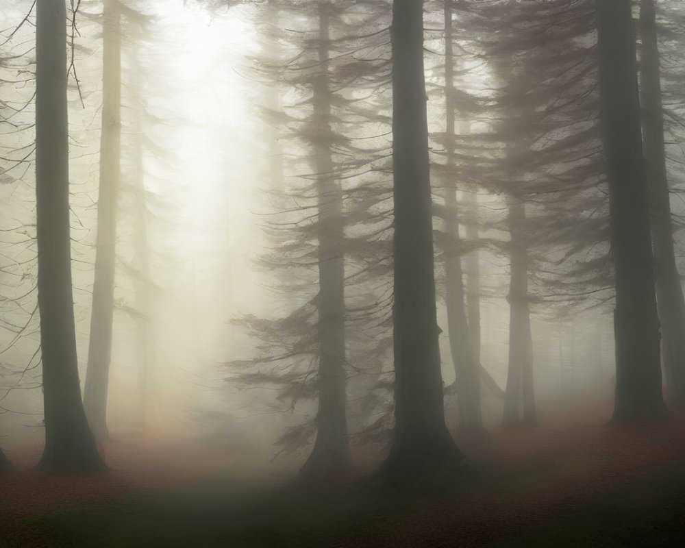 Misty forest with tall trees and sun rays through fog