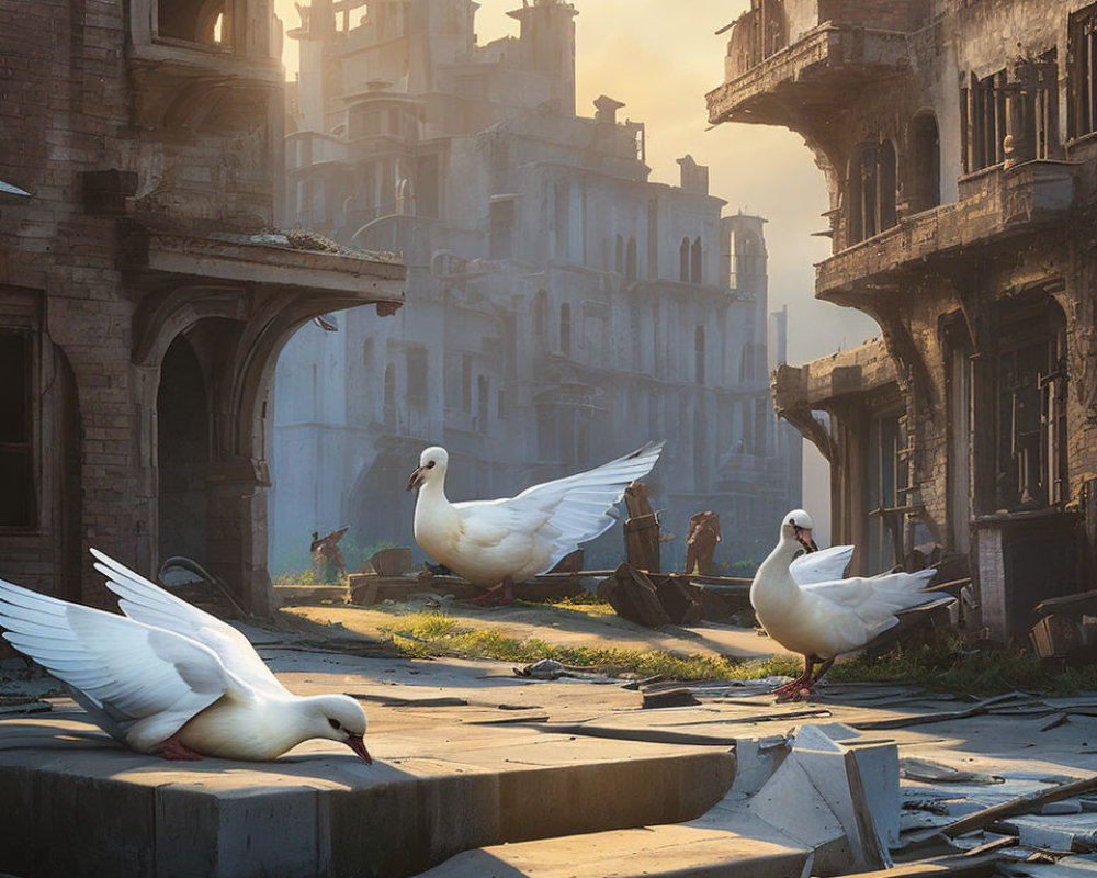 Urban landscape with three pigeons and figures in the background