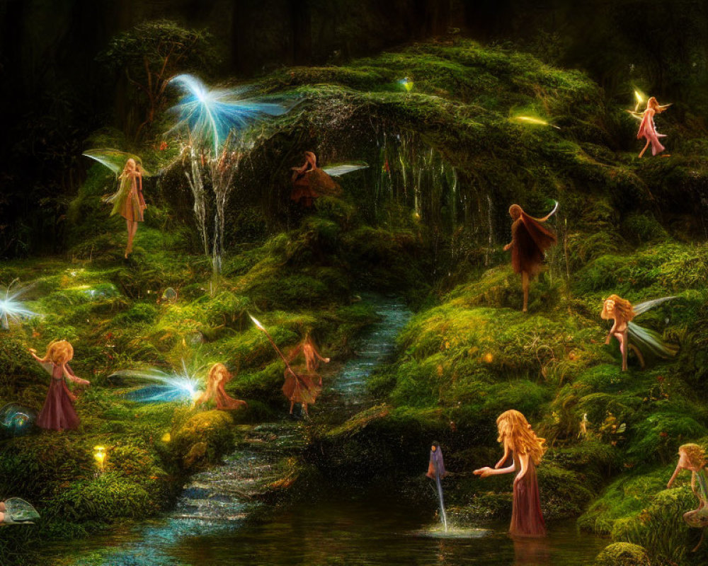 Enchanted forest with fairy-like creatures and glowing lights