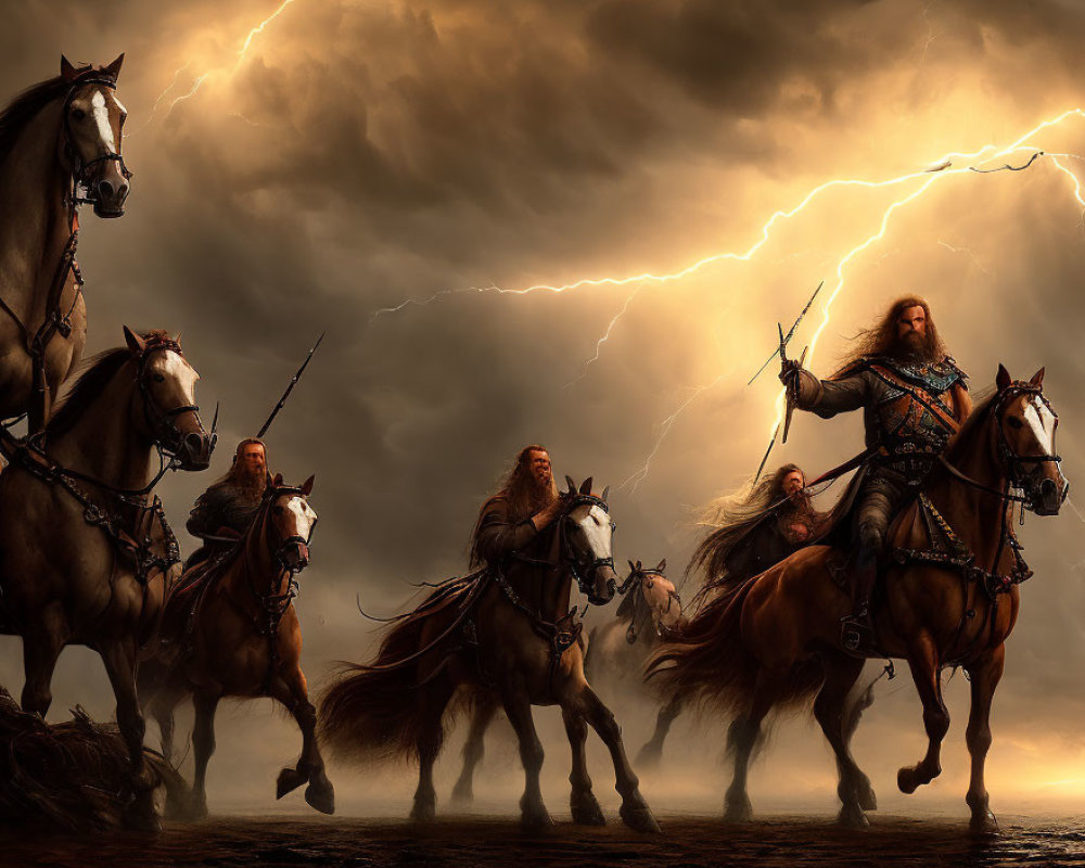 Four armored warriors on horseback under stormy sky with lightning - epic battle scene