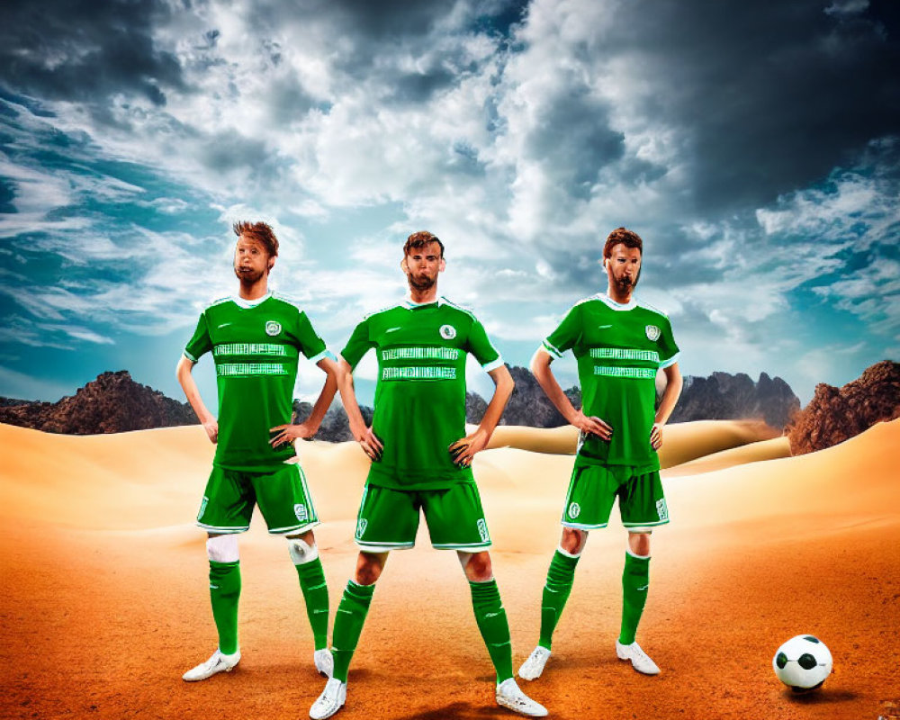Three men in green soccer uniforms with a soccer ball in a desert landscape.