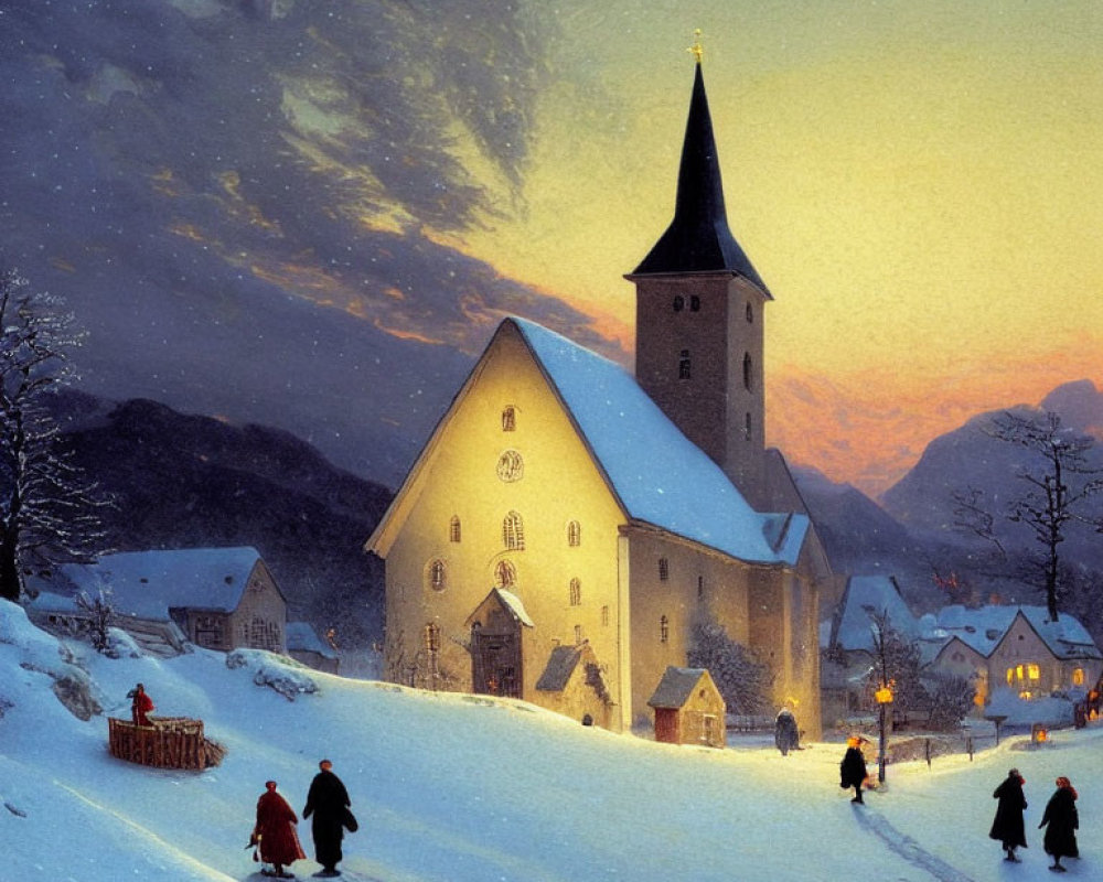 Snow-covered village with people walking at dusk