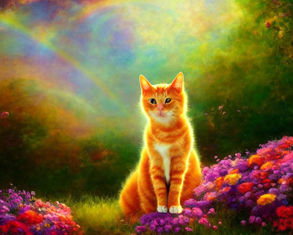 Orange Cat Surrounded by Colorful Flowers and Rainbow