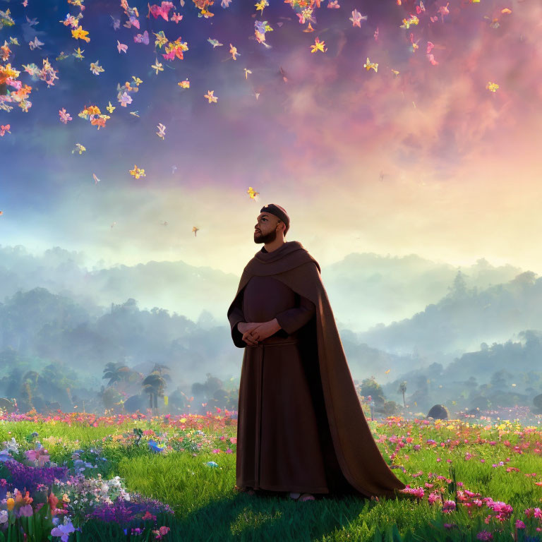 Robed Figure in Vibrant Meadow with Butterflies at Sunrise or Sunset