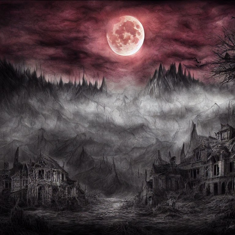 Desolate landscape with abandoned mansions, bare trees, fog, and red moon.