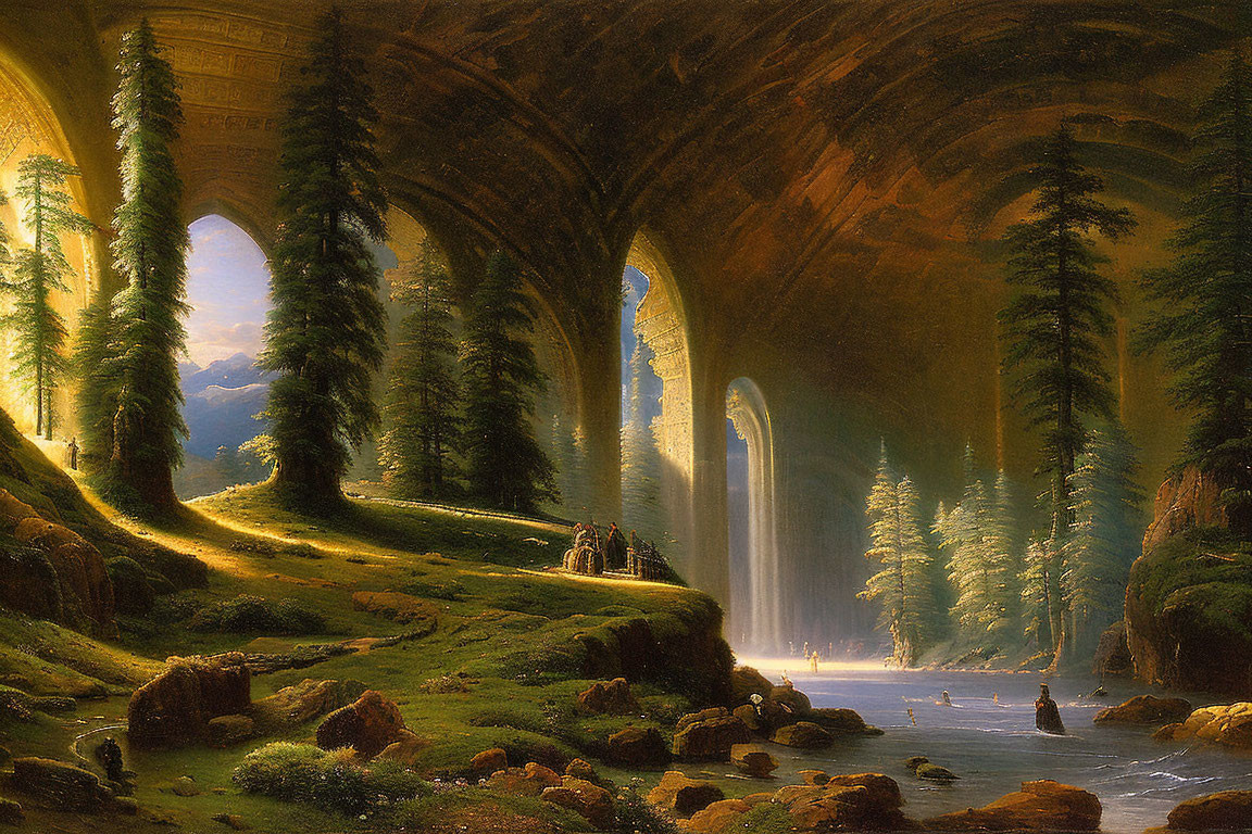 Tranquil cavern painting with waterfall, greenery, and figures
