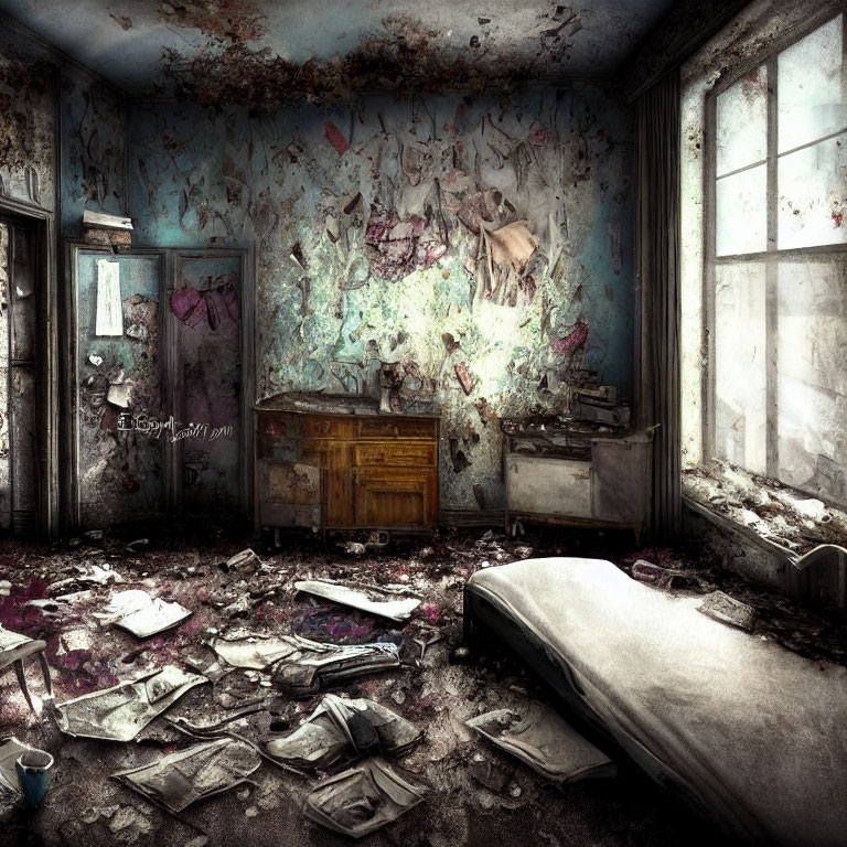 Desolate abandoned room with peeling wallpaper and dusty mattress