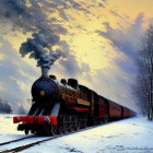 Vintage steam locomotive in snowy landscape at dusk