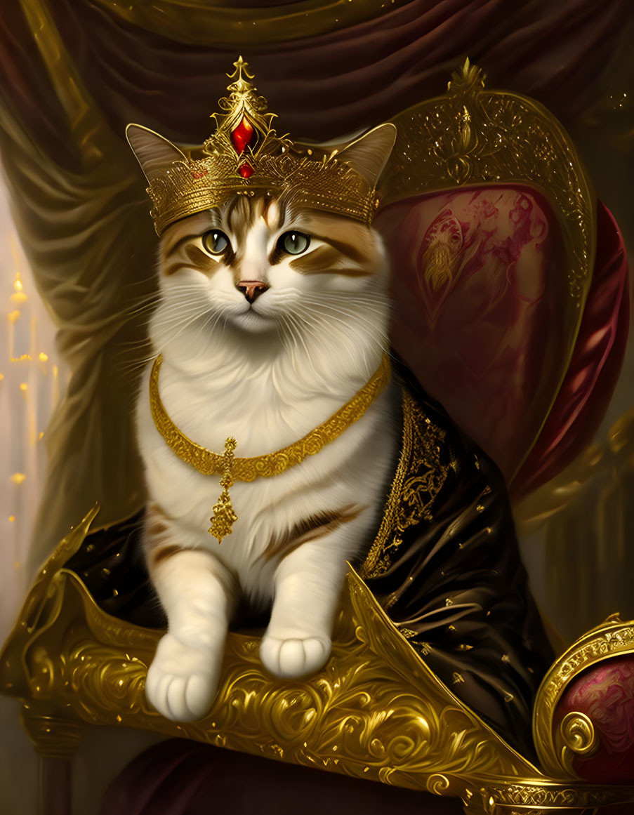 Royal cat with golden crown and jewelry on luxurious throne