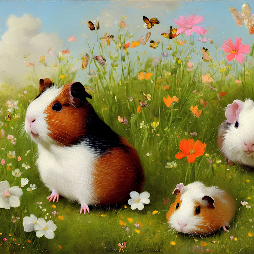 Three guinea pigs with flowers, butterflies, sky, and clouds.