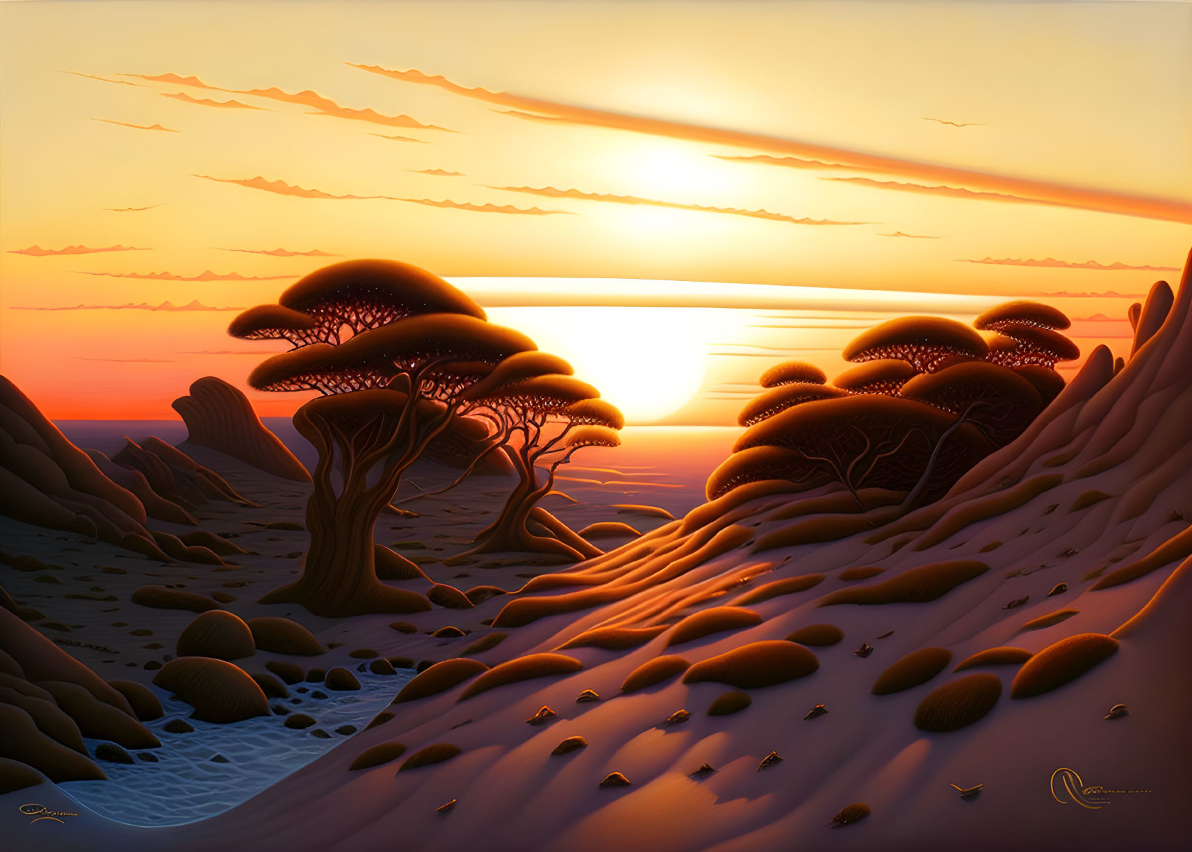 Surreal sunset landscape with stylized trees and warm sky