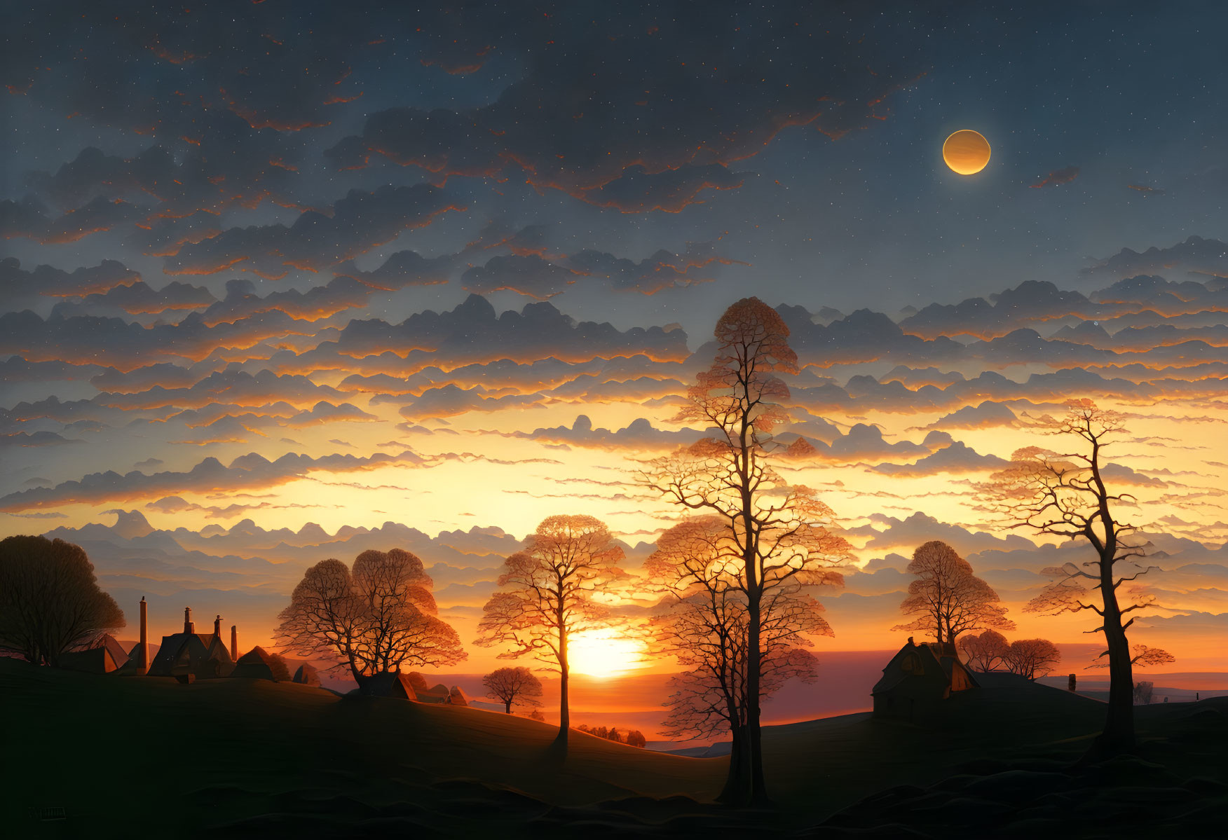 Tranquil dusk landscape with silhouetted trees, crescent moon, and warm sunset behind