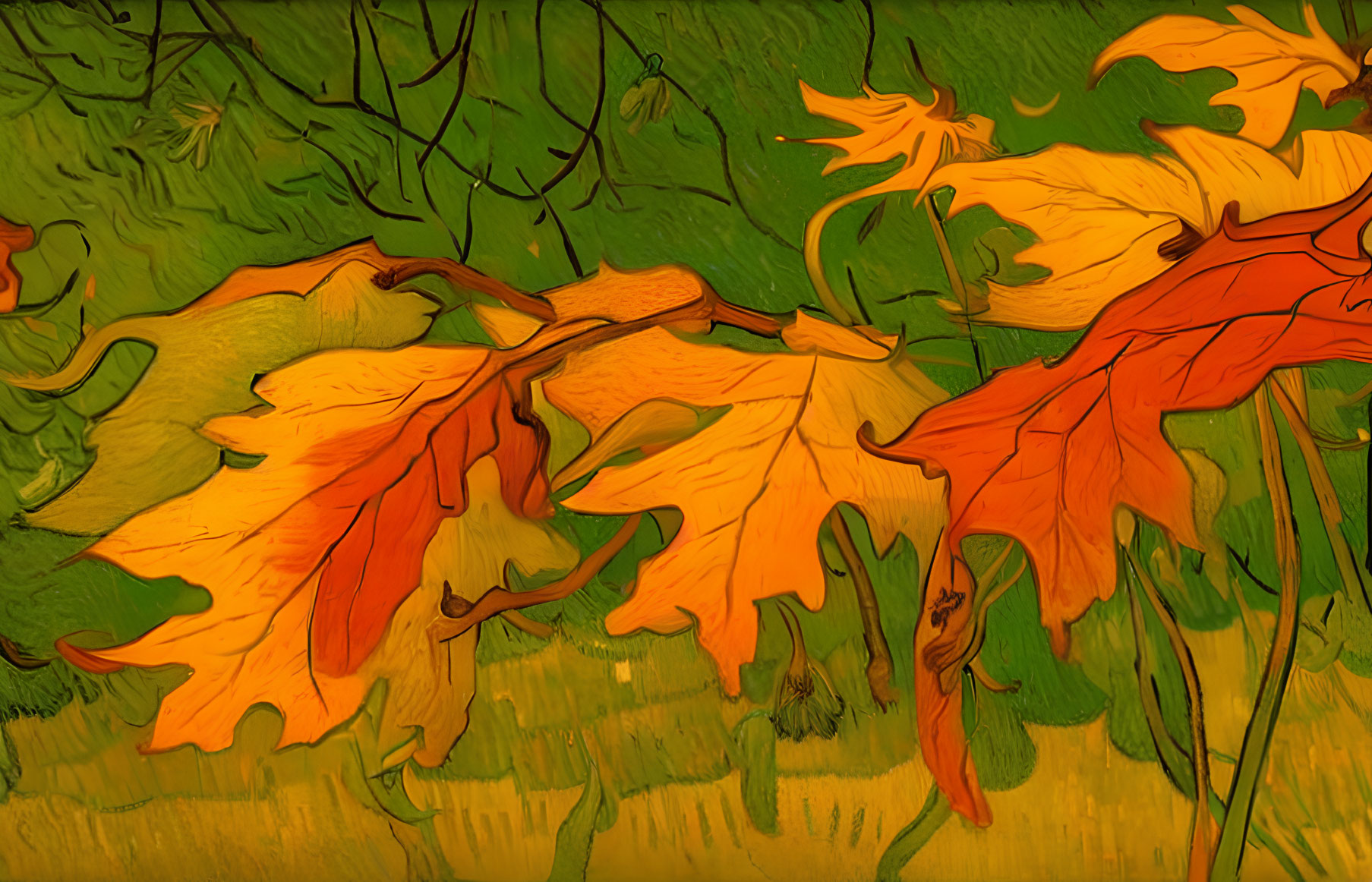 Colorful autumn leaves on green background with painterly textures