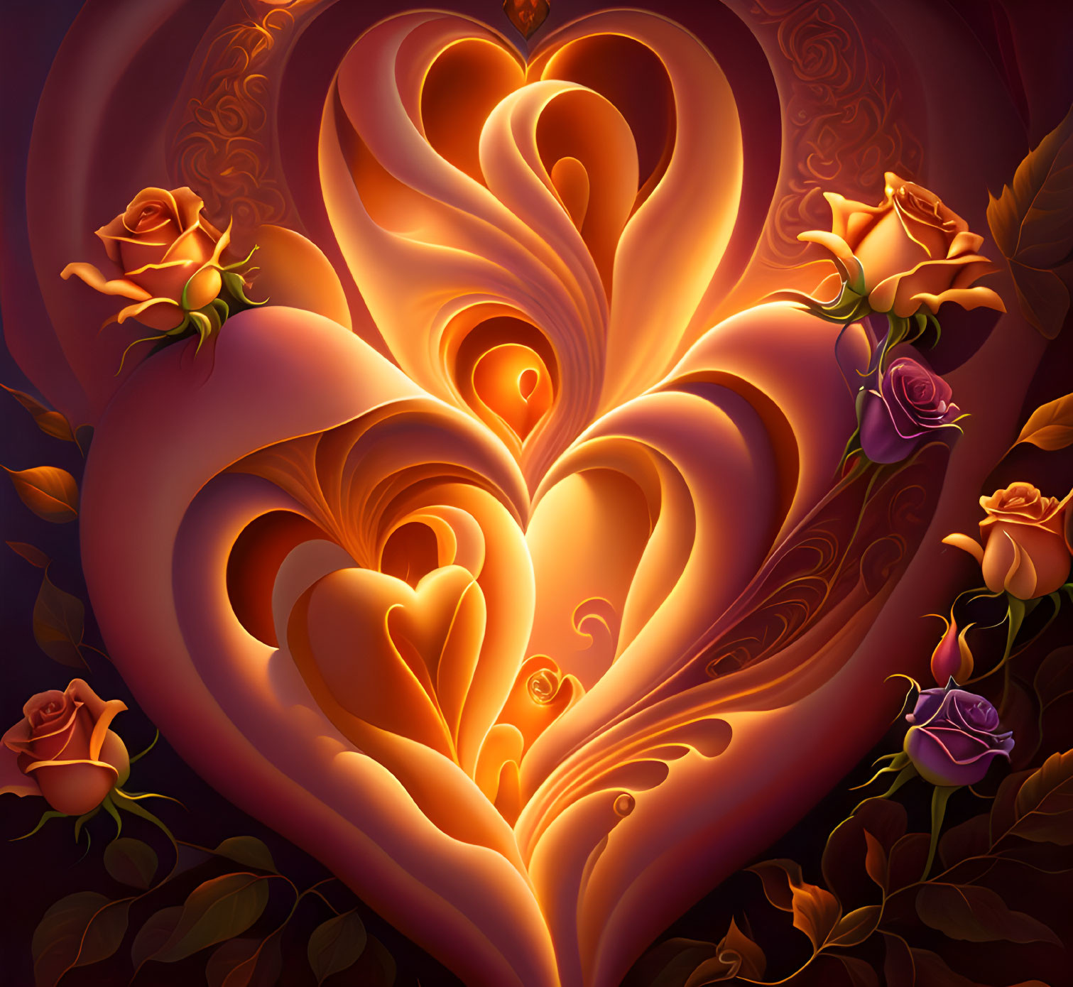 Glowing ornate heart with roses and smaller hearts on dark background