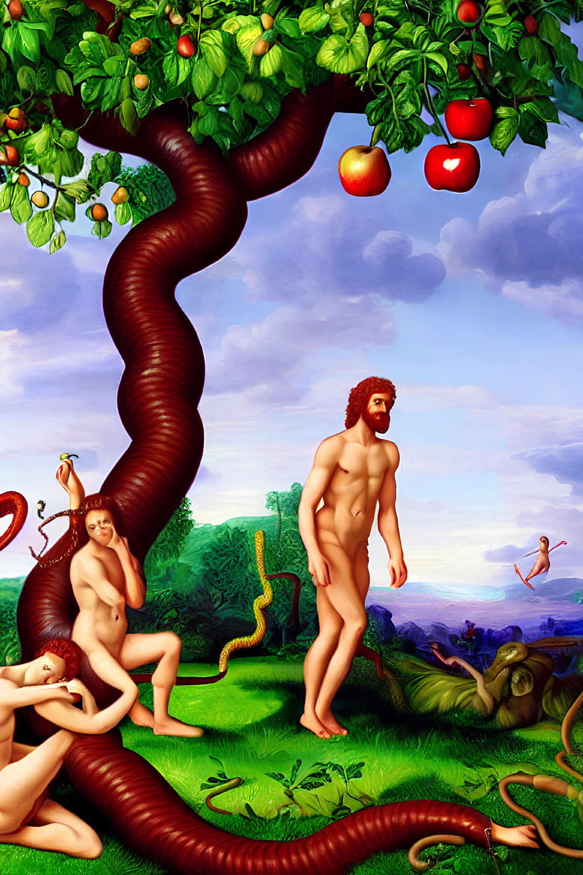 Stylized Garden of Eden scene with serpent, tree, human figures, greenery, and red