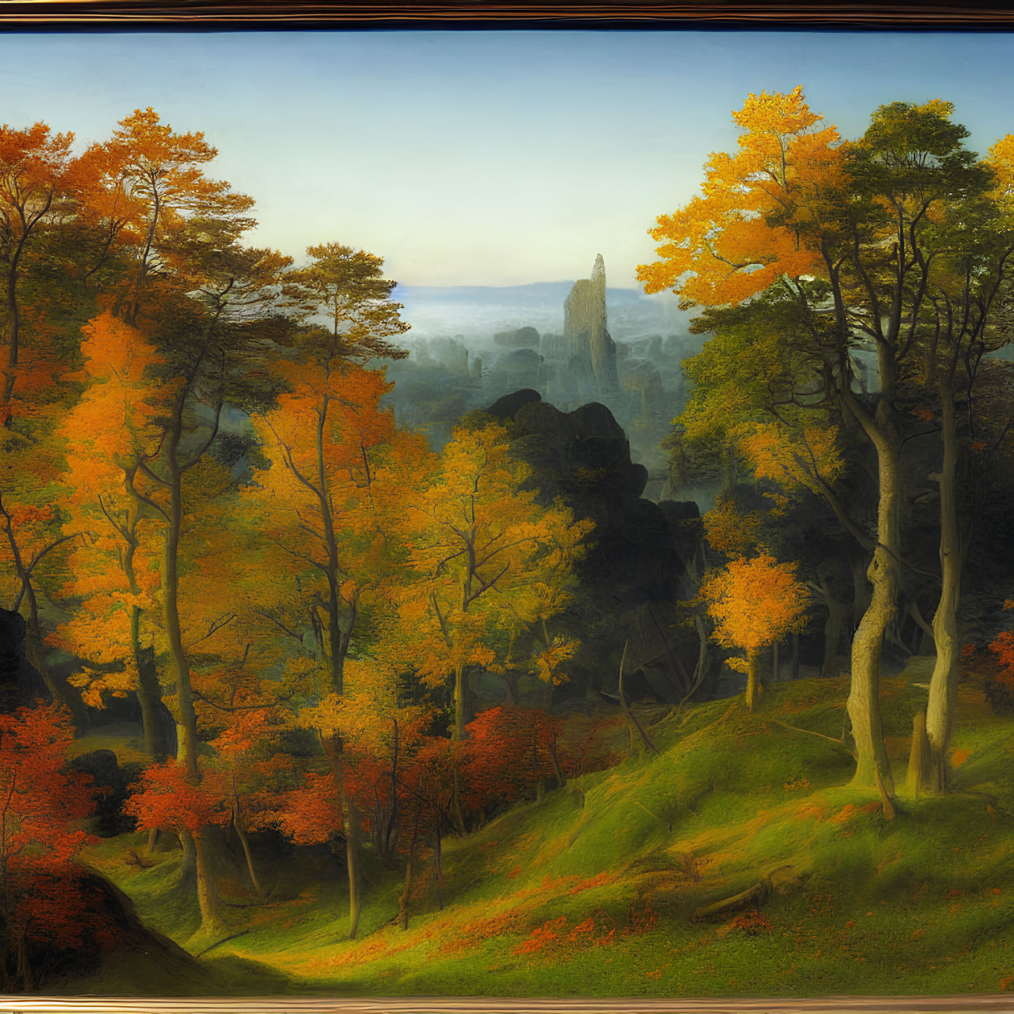 Vibrant autumn trees on hillside with misty castle backdrop