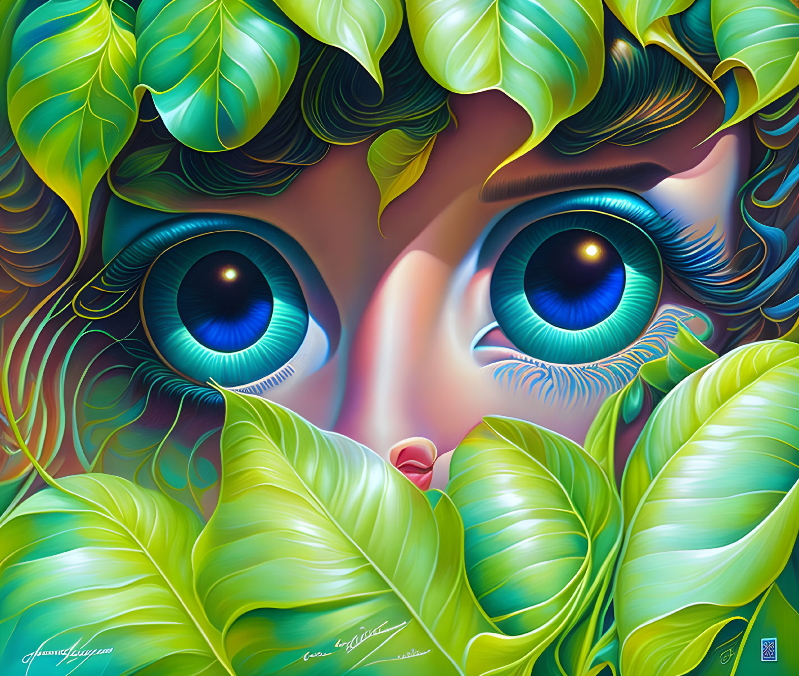 Colorful face in green leaves with blue eyes and red lips.