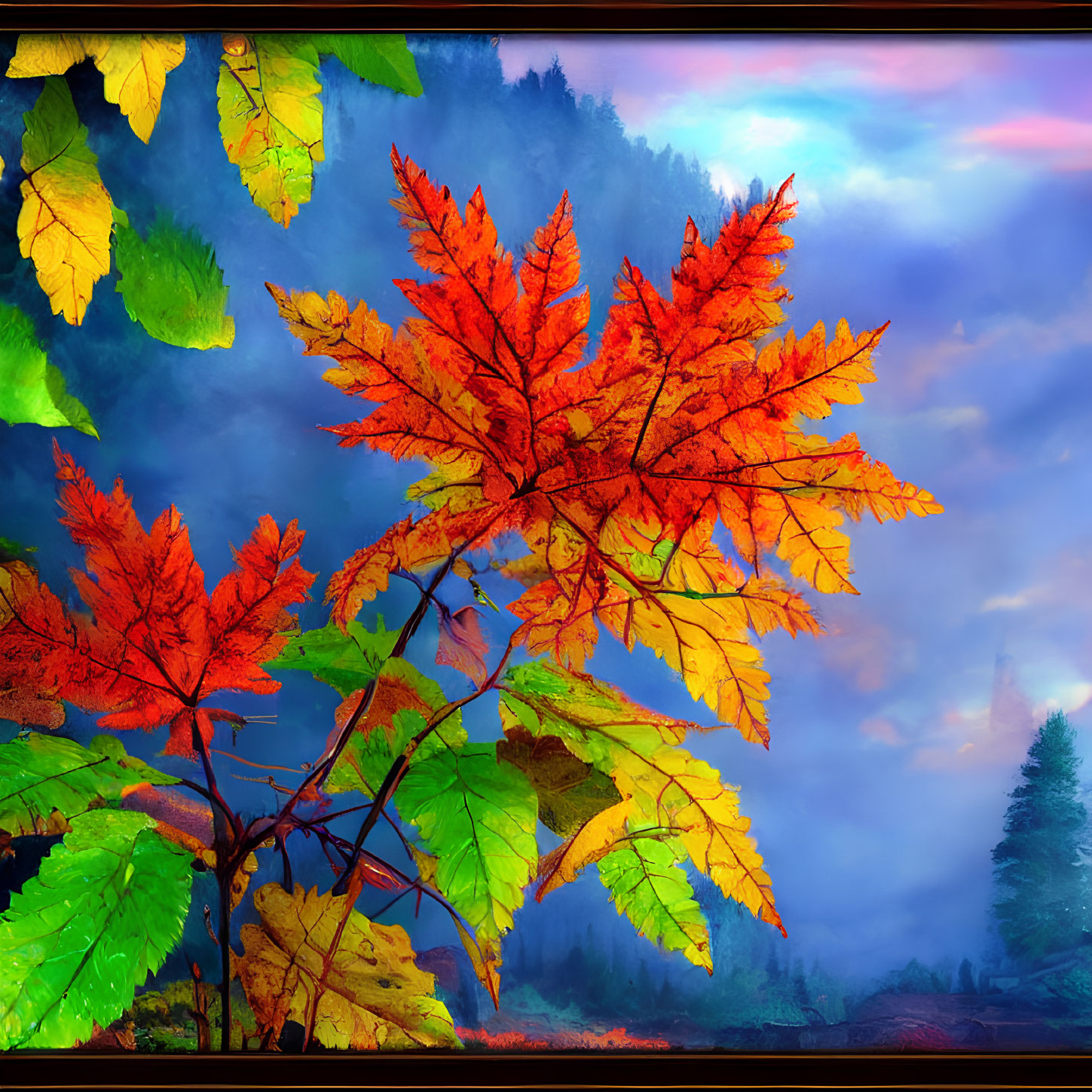 Colorful Autumn Leaves and Misty Forest Dusk Scene