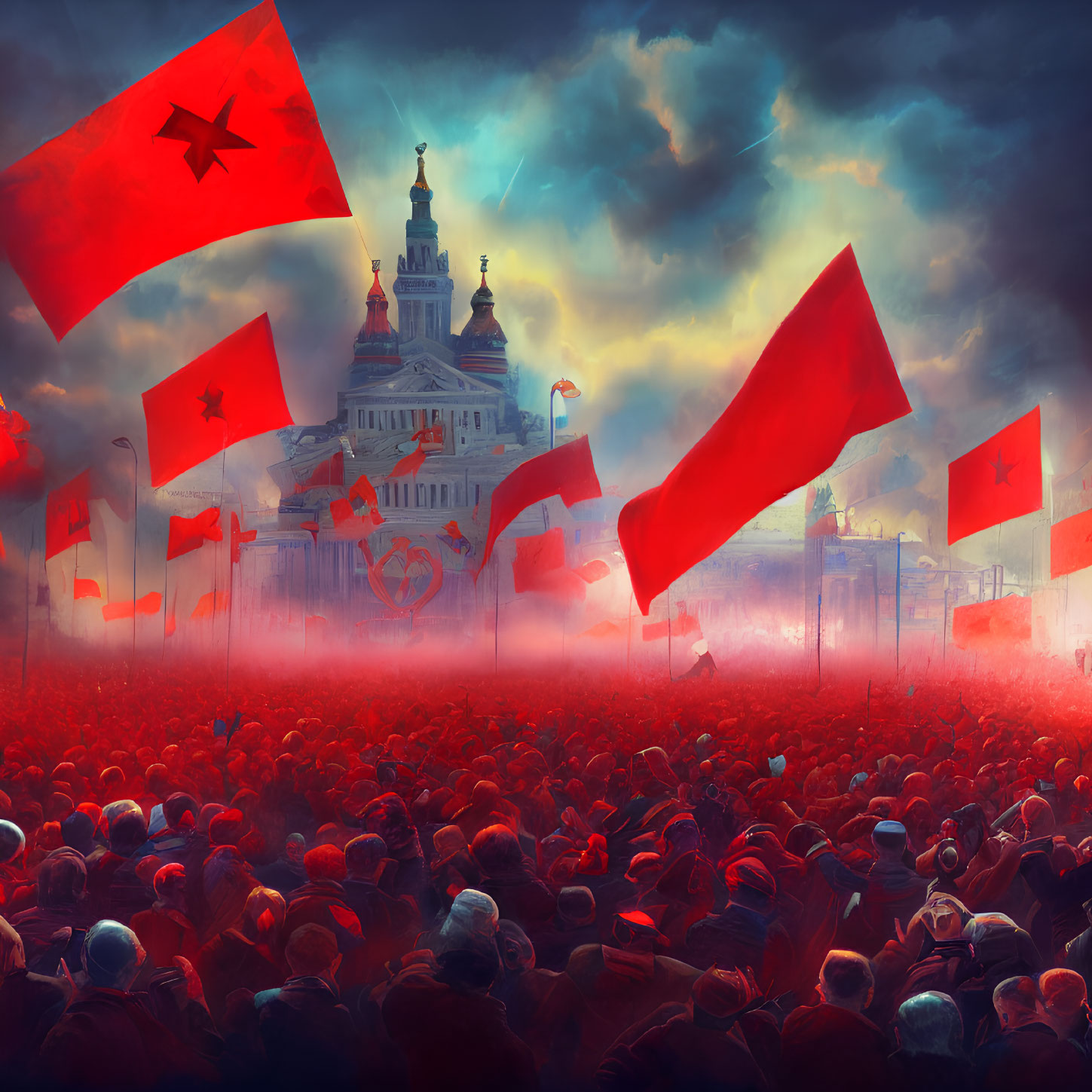 Illustration: Animated crowd with red flags converging on grand building