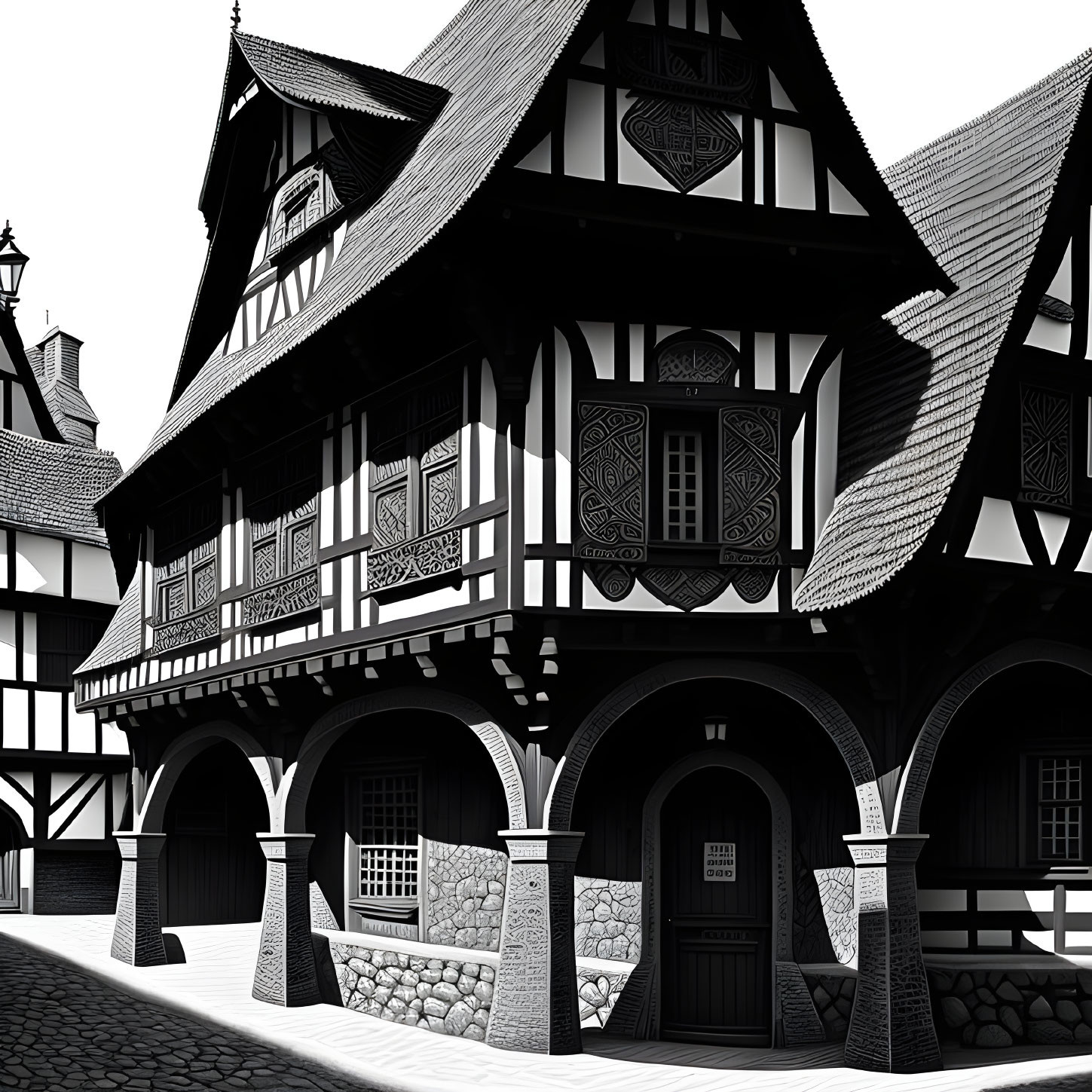 Traditional half-timbered house illustration with ornate patterns and cobblestone street