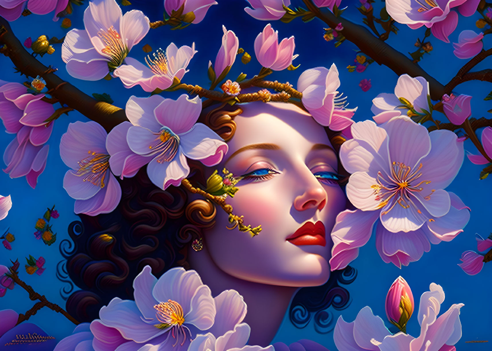 Illustration of woman's face with pink cherry blossoms on blue background