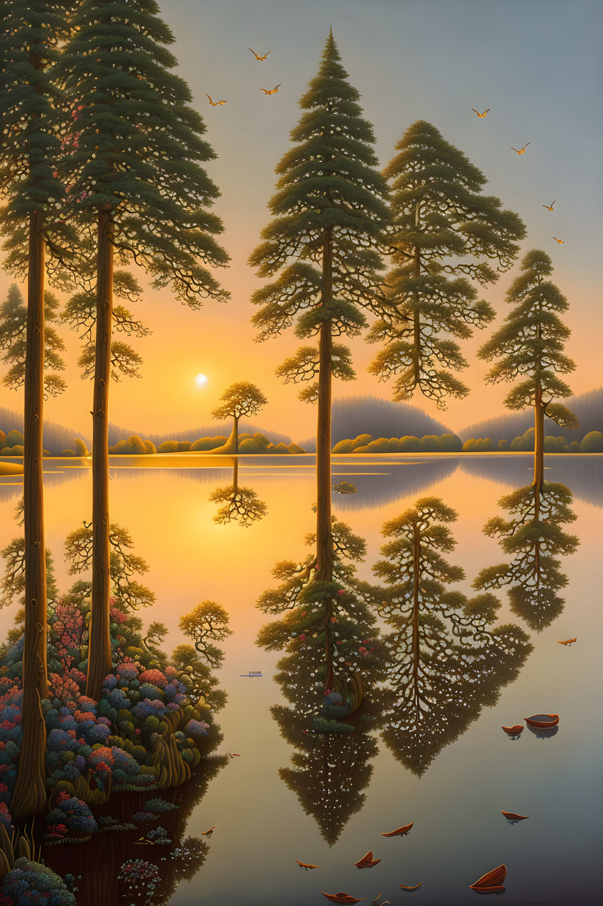 Tranquil sunset scene: lake, tall trees, colorful foliage, birds.
