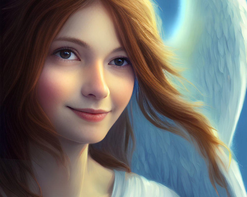 Young angel illustration with blue wings and auburn hair on blue backdrop