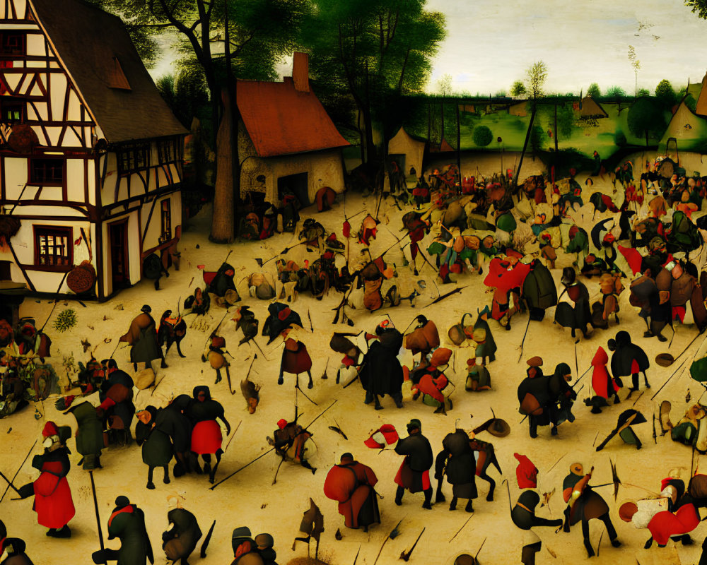 Medieval village with people dancing and playing near traditional houses