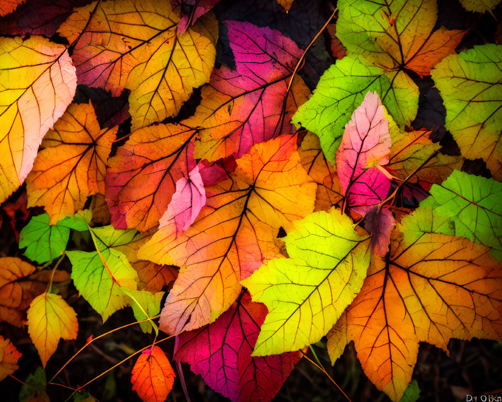 Colorful Autumn Leaves Spread on Ground in Red, Orange, Yellow & Green