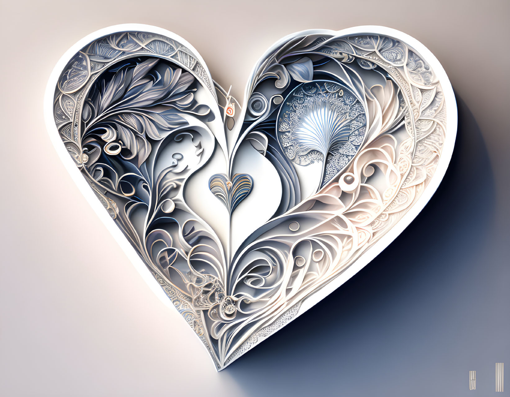 Monochromatic ornamental paper heart with swirls and botanical patterns