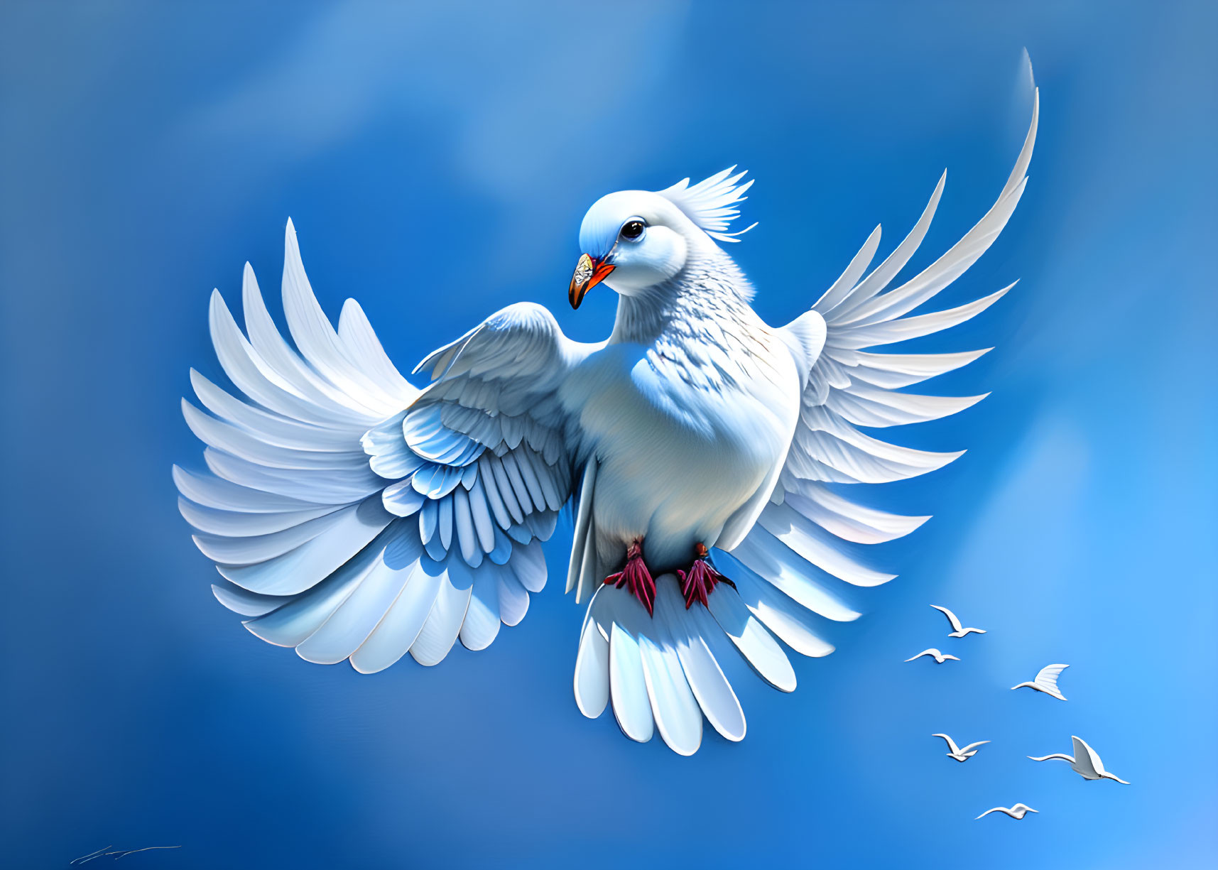 White dove flying in blue sky with flock of birds - Digital illustration
