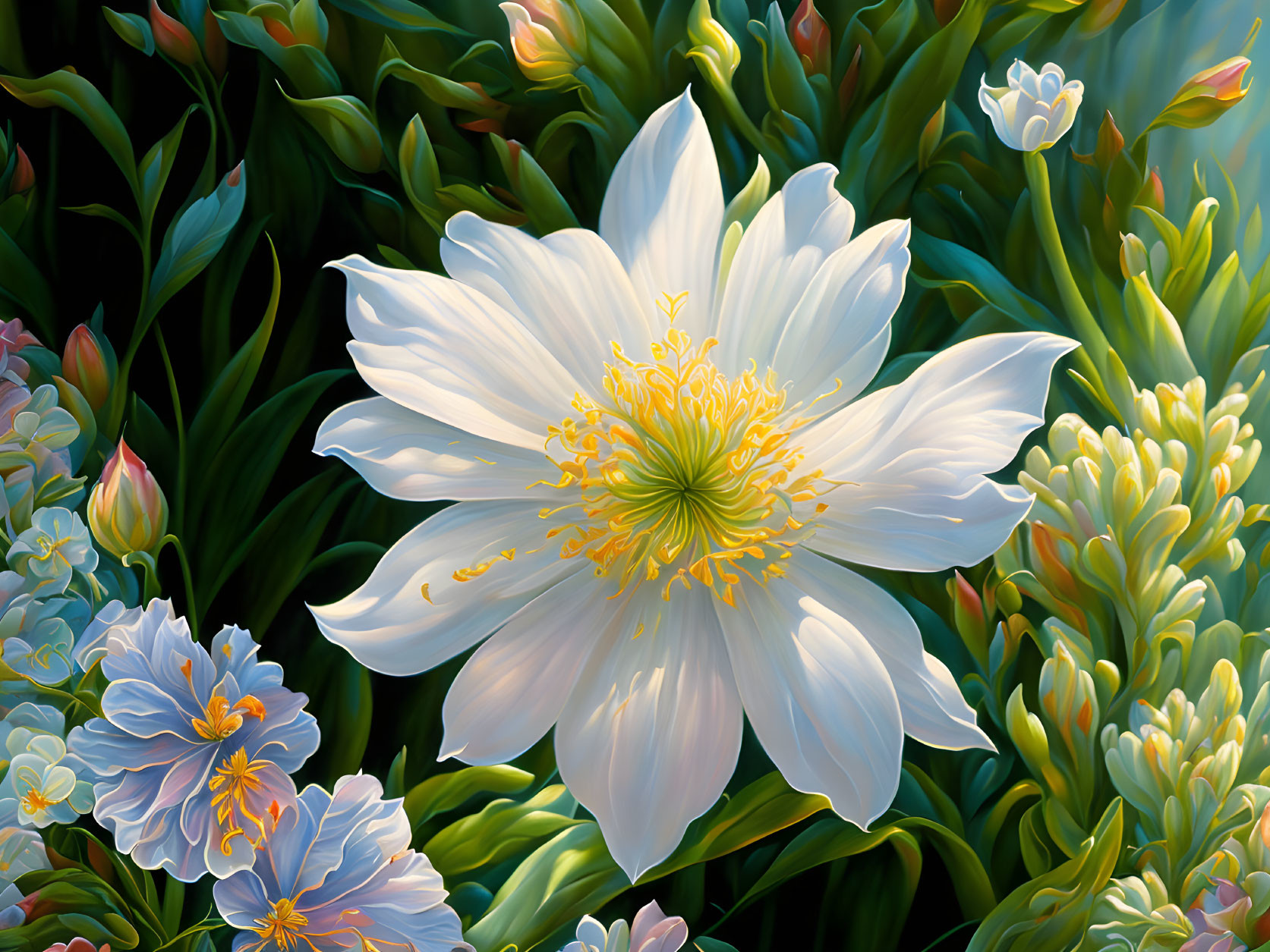 Colorful Digital Painting of White Flower with Yellow Center surrounded by Blue Blossoms and Green Foliage