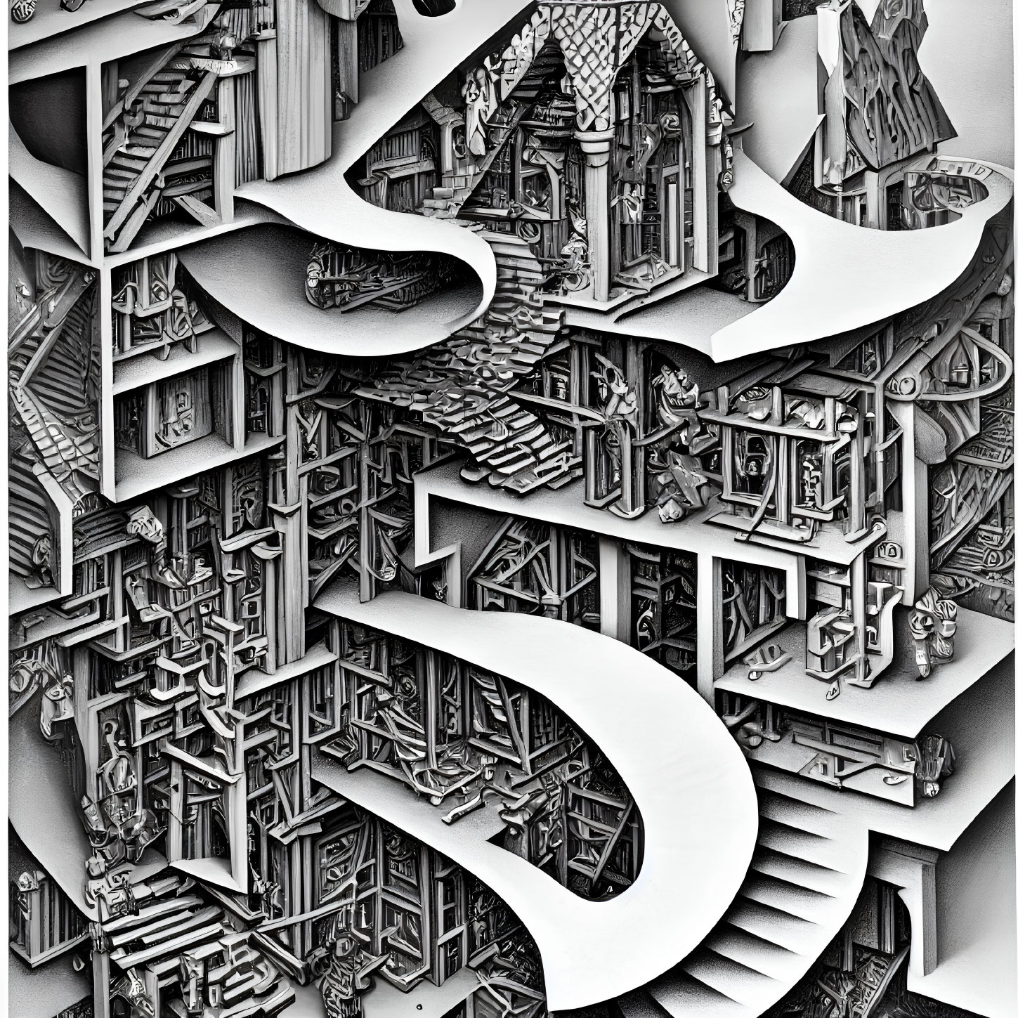 Detailed black and white drawing of Escher-like impossible structure