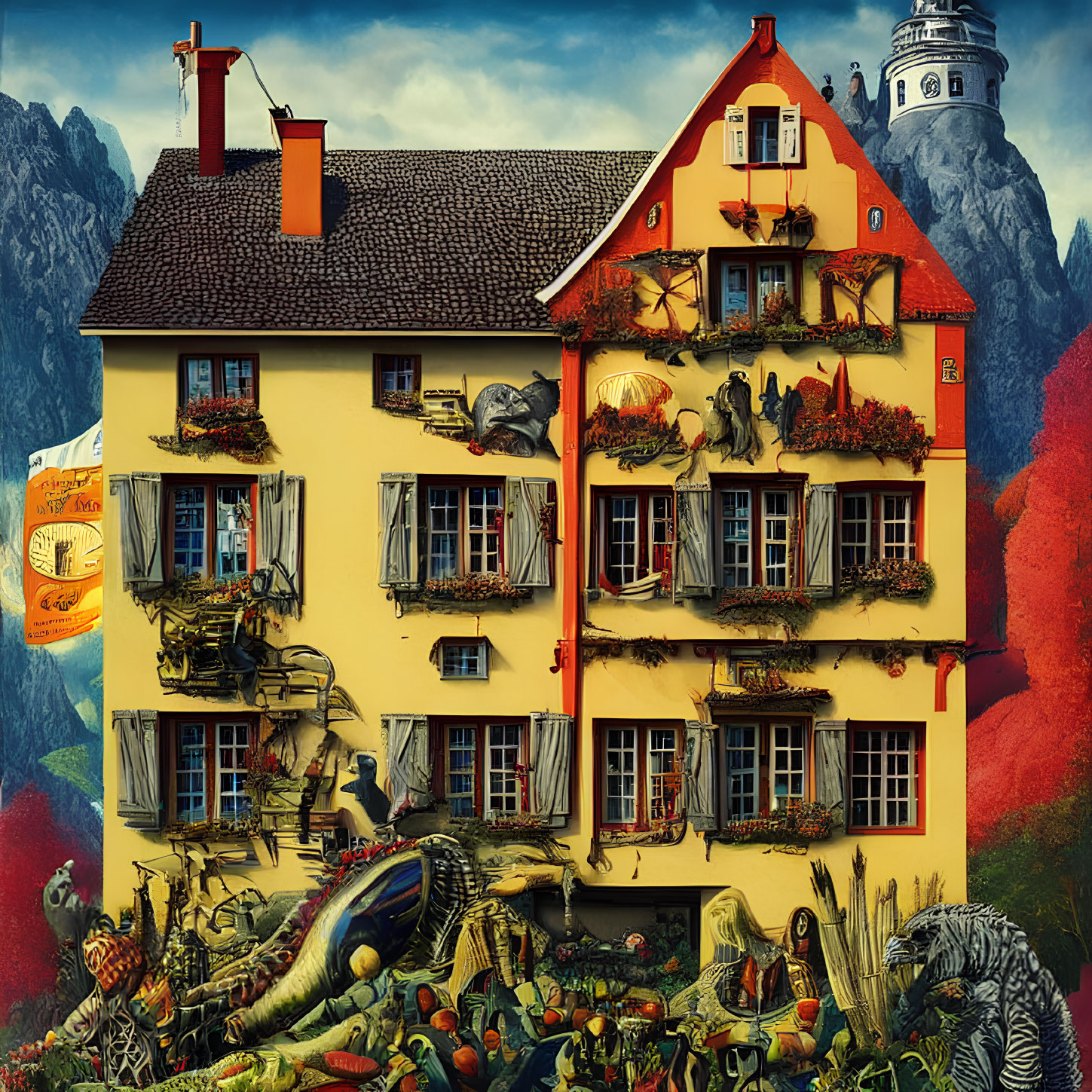 Vibrant surreal house illustration with animals, fruits, and objects against mountain backdrop